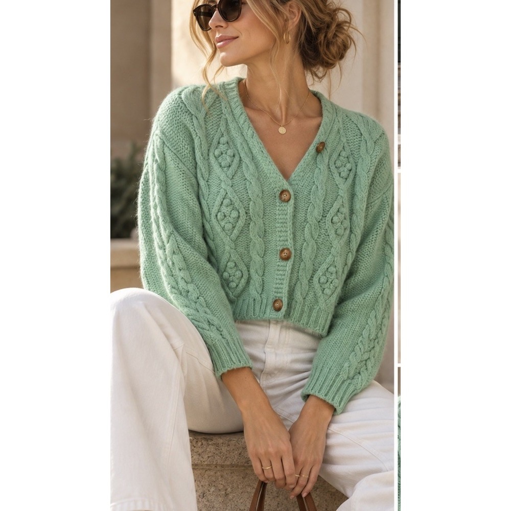 United Colors of Benetton Shetland Wool Cardigan Sz S Green Cable Knit Grandma